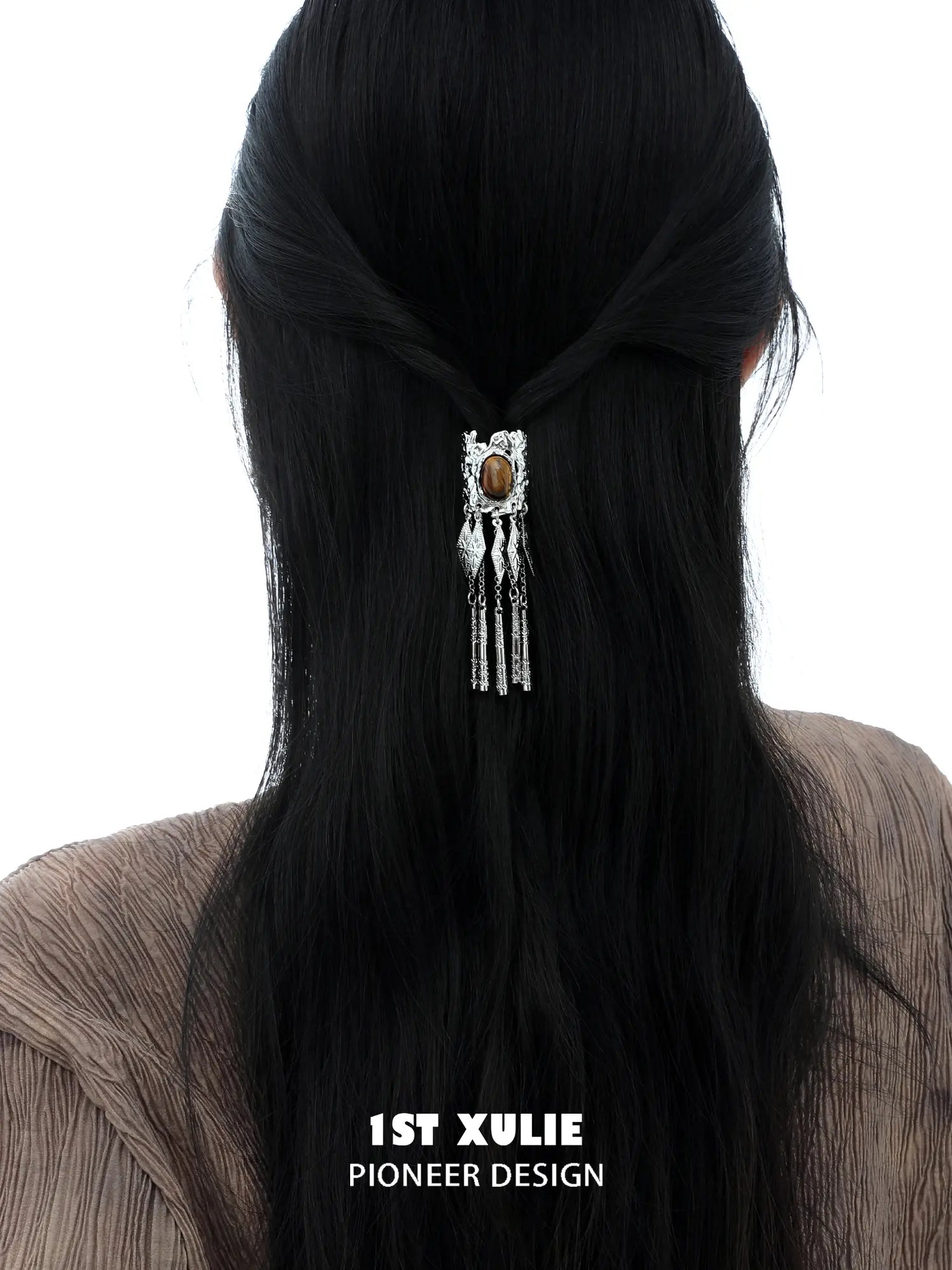 1ST XULIE Jewelry "MIAO" Vintage Ethnic Gemstone Hair Clip in Platinum Plated - Side View