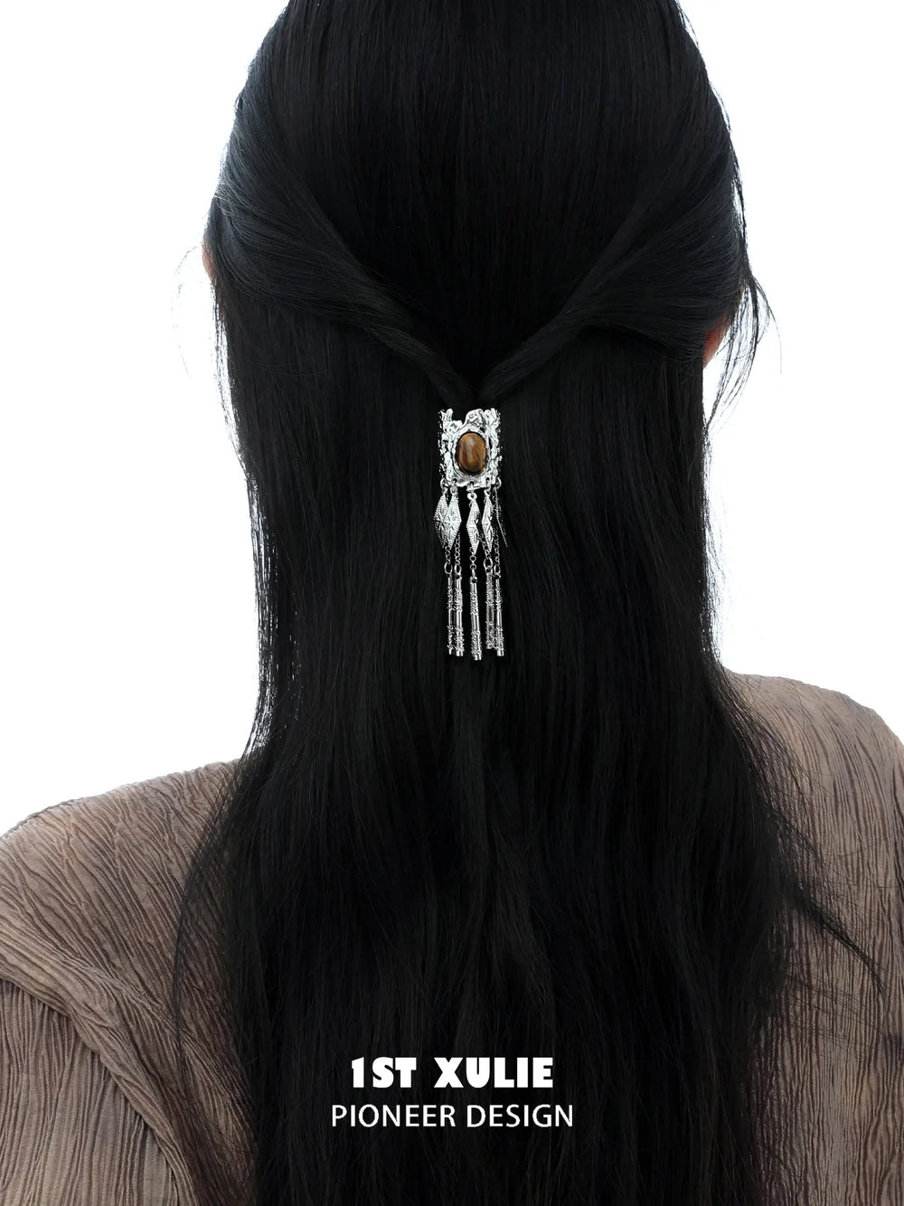 1ST XULIE Jewelry "MIAO" Vintage Ethnic Gemstone Hair Clip in Platinum Plated - Side View