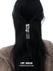 1ST XULIE Jewelry "MIAO" Vintage Ethnic Gemstone Hair Clip in Platinum Plated - Side View