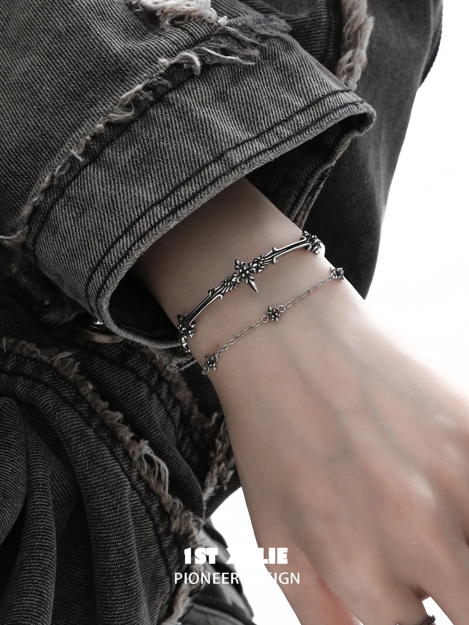 1ST XULIE Jewelry "FALLEN ANGEL" Vintage Fallen Angel Bangle in Antiqued Silver - Lifestyle Shot