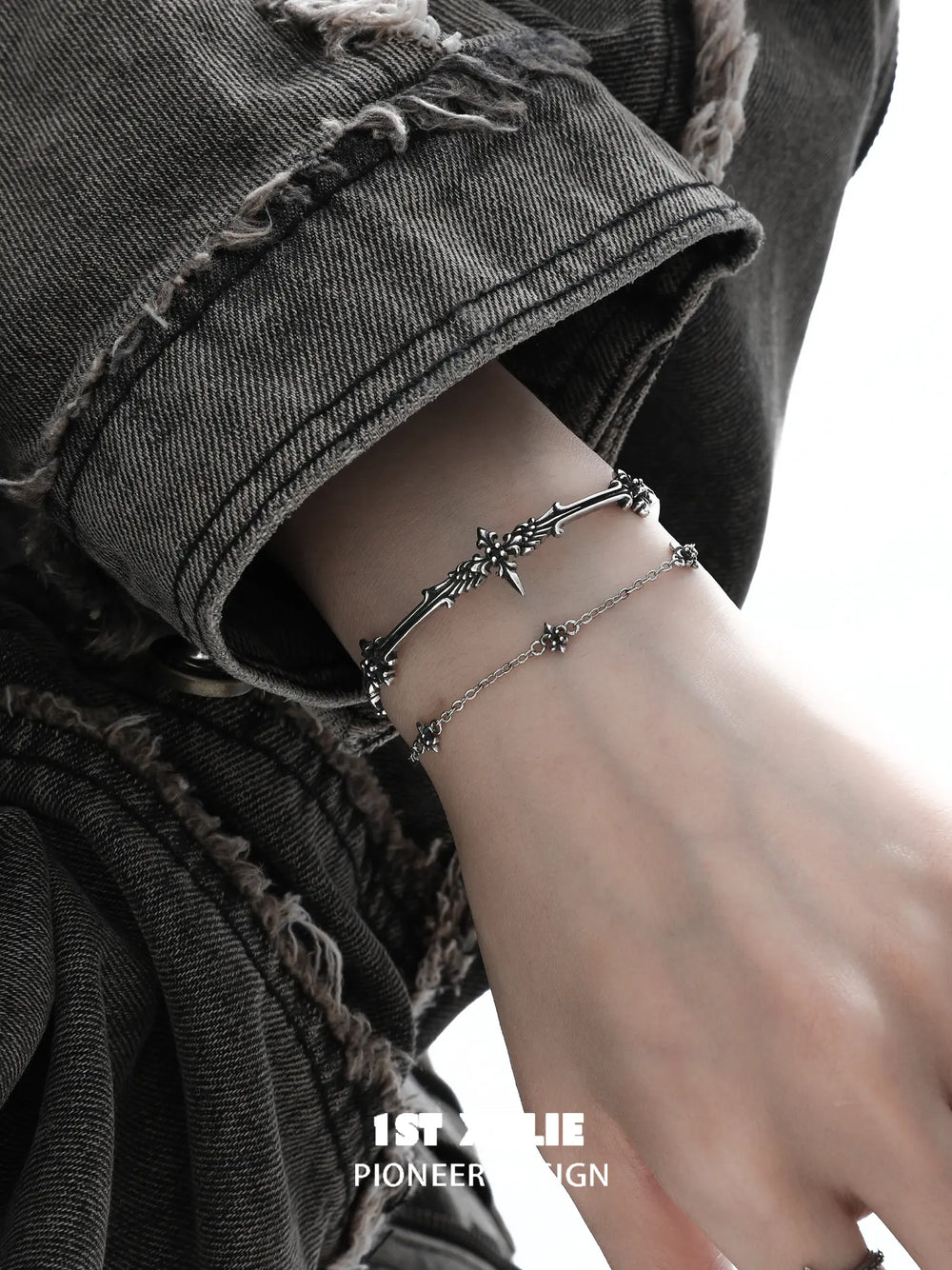 1ST XULIE Jewelry "FALLEN ANGEL" Vintage Fallen Angel Bangle in Antiqued Silver - Lifestyle Shot