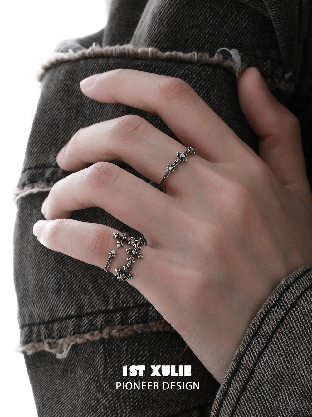 1ST XULIE Jewelry "Irises" Vintage Fleur-de-Lis Cross Pinky Ring in 925 Sterling Silver - Angle View 1