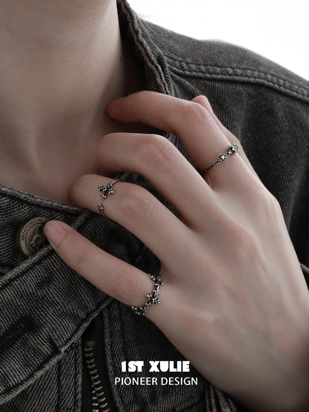 1ST XULIE Jewelry "Irises" Vintage Fleur-de-Lis Cross Pinky Ring in 925 Sterling Silver - Lifestyle Shot