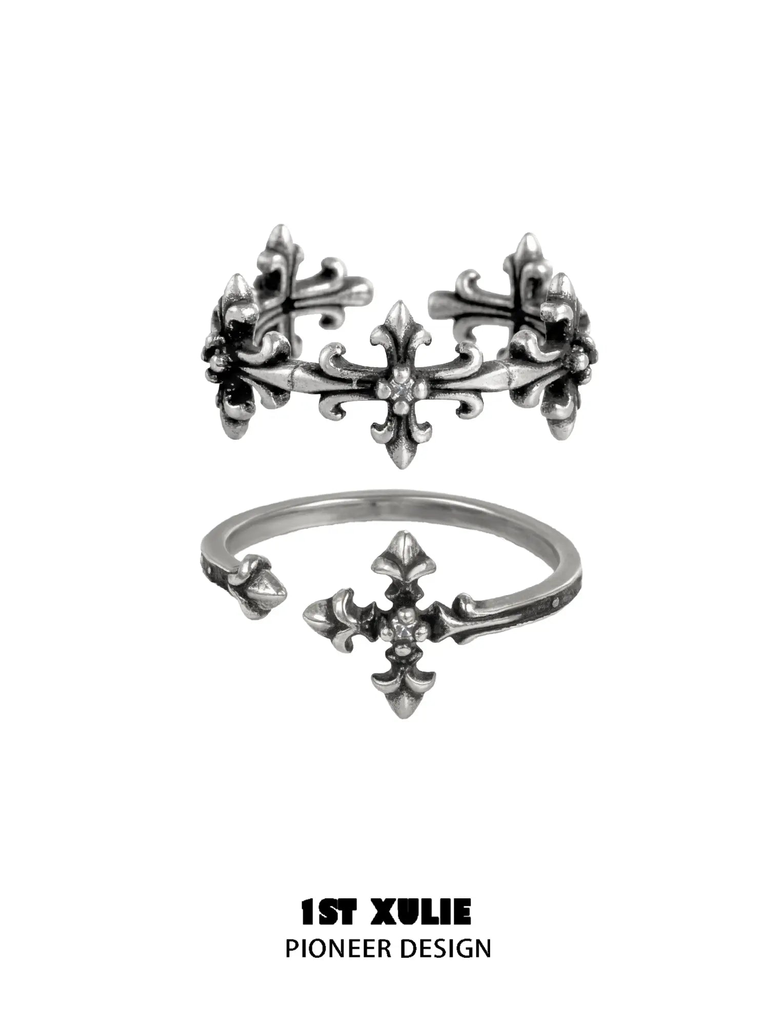 1ST XULIE Jewelry "Irises" Vintage Fleur-de-Lis Cross Pinky Ring in 925 Sterling Silver - On Model Close-up