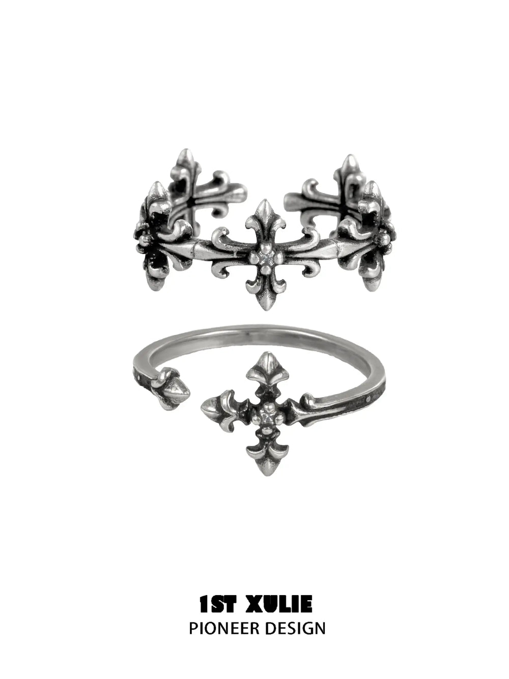 1ST XULIE Jewelry "Irises" Vintage Fleur-de-Lis Cross Pinky Ring in 925 Sterling Silver - On Model Close-up