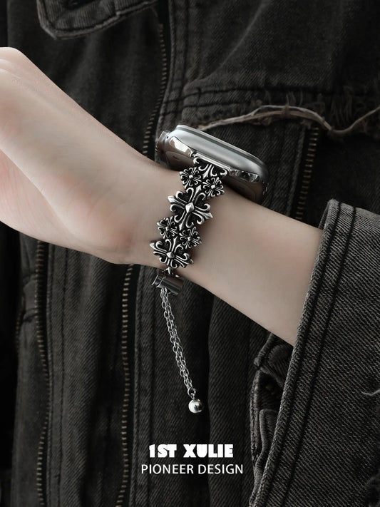 1ST XULIE Jewelry "Irises" Vintage Fleur-de-lis Cross Watch Band in Antique Silver Finish - Product View