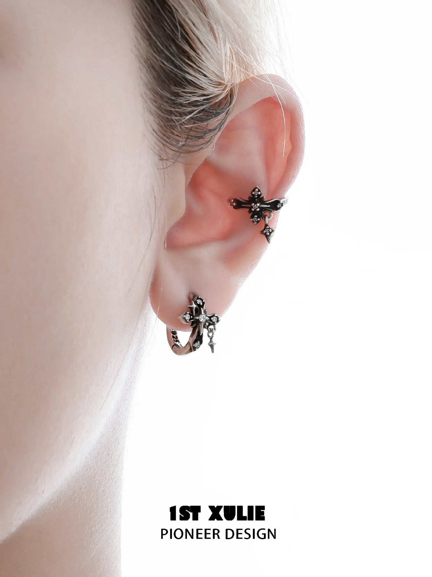 1ST XULIE "Irises" Vintage Fleur-de-lis Ear Cuffs in Platinum Plate - Lifestyle Shot