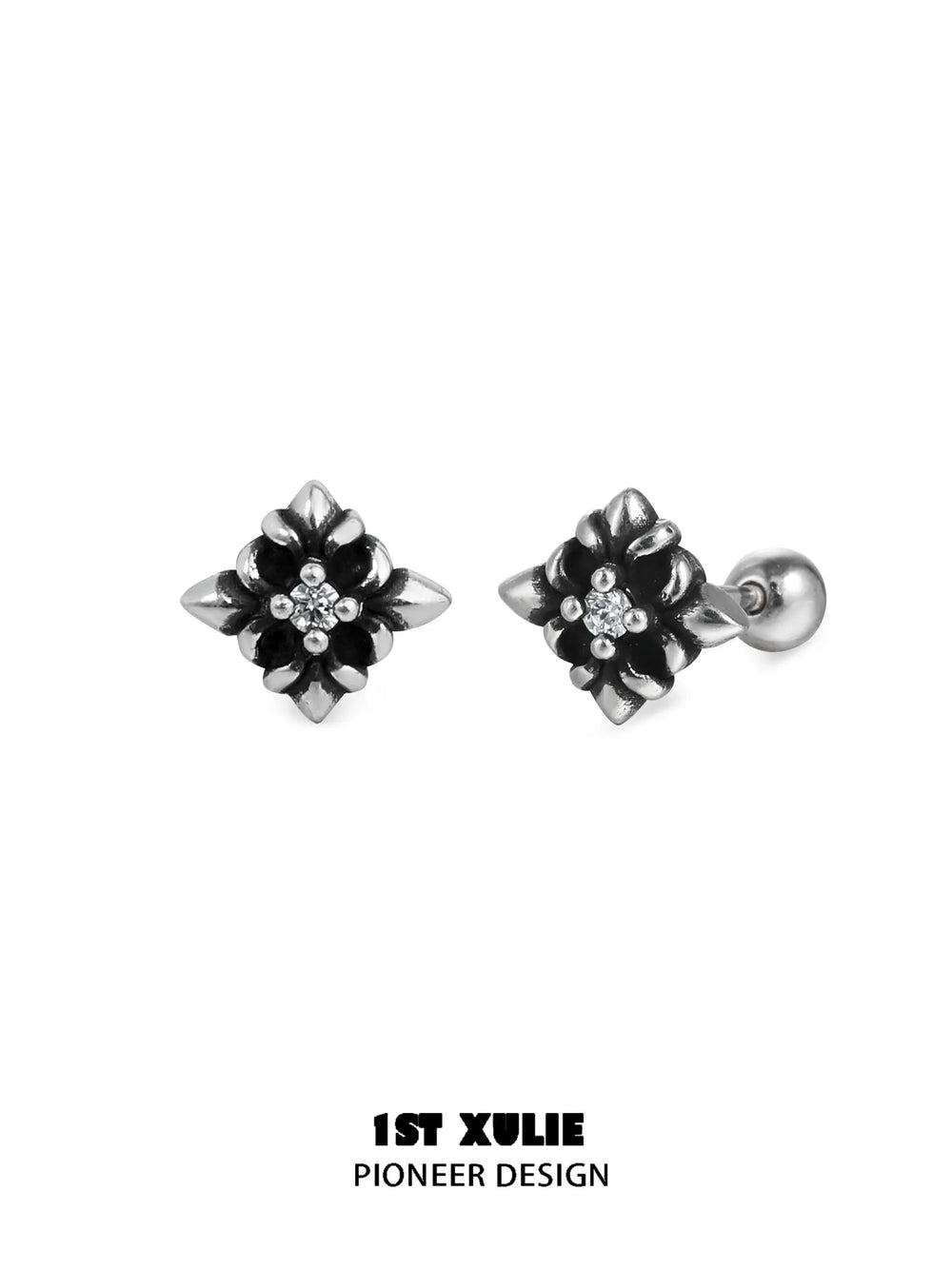 1ST XULIE "Irises" Vintage Fleur-de-Lis Stud Earrings in 925 Sterling Silver - Back View