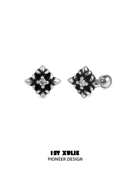 1ST XULIE "Irises" Vintage Fleur-de-Lis Stud Earrings in 925 Sterling Silver - Back View