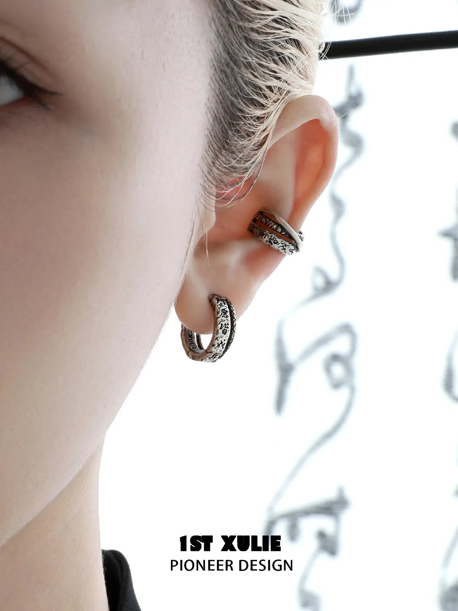 1ST XULIE "MONOLOGUES" Vintage Flowing Tassel Ear Cuffs in Platinum Plated - Angle View