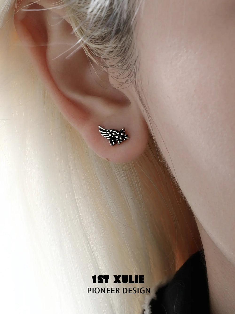 1ST XULIE Jewelry "FALLEN ANGEL" Vintage Gothic Fallen Angel Wing Stud Earrings in Oxidized Silver Plated Brass - Back View