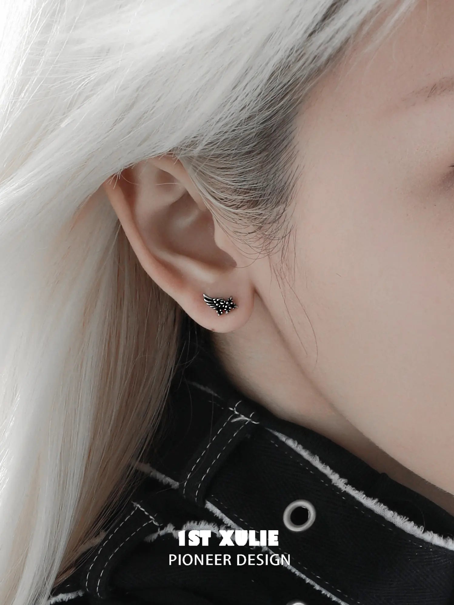 1ST XULIE Jewelry "FALLEN ANGEL" Vintage Gothic Fallen Angel Wing Stud Earrings in Oxidized Silver Plated Brass - Lifestyle Shot
