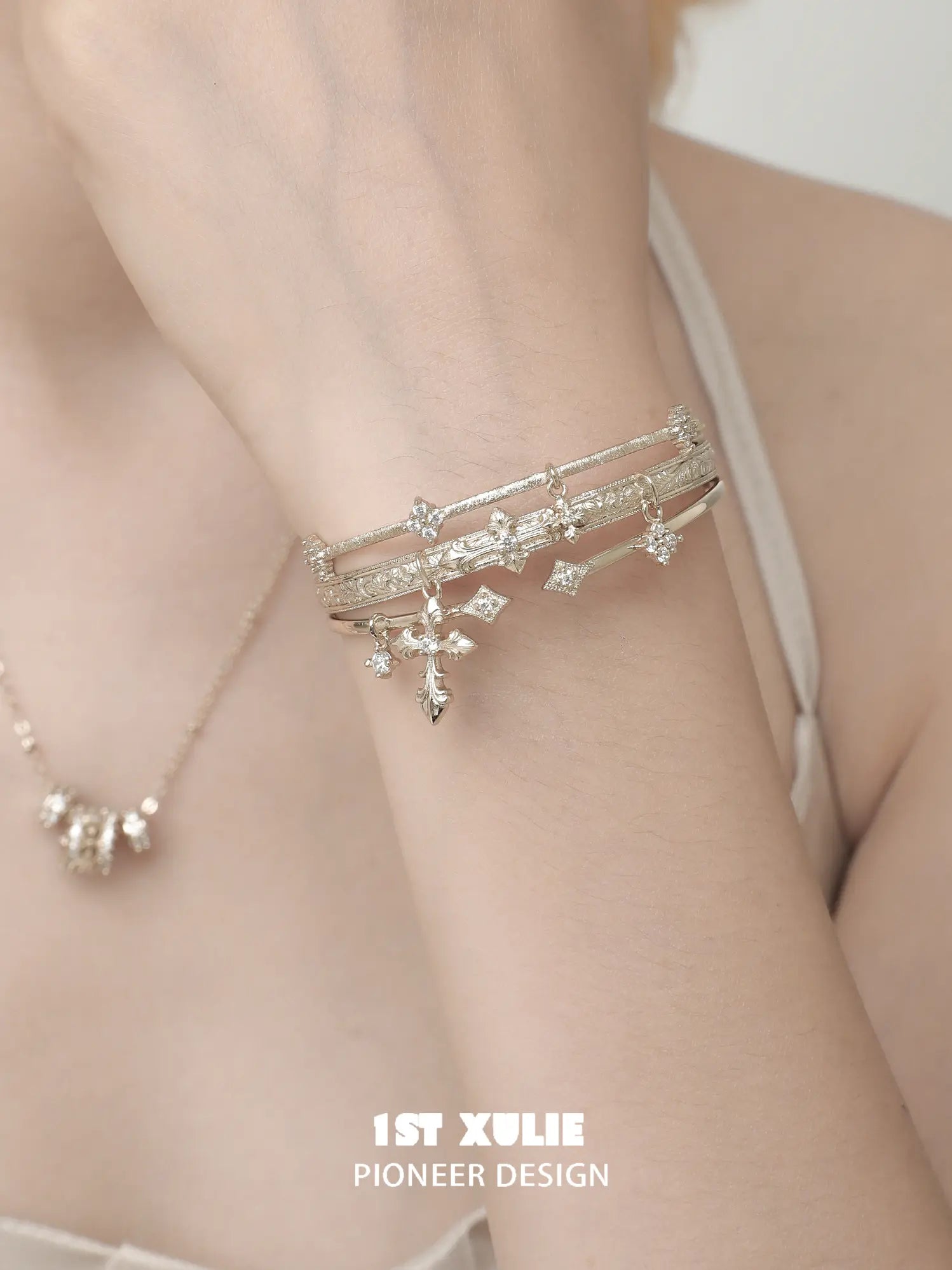 1ST XULIE Jewelry "Bastet" Vintage Iris Adjustable Bangle in 18K Gold Plated - Angle 2