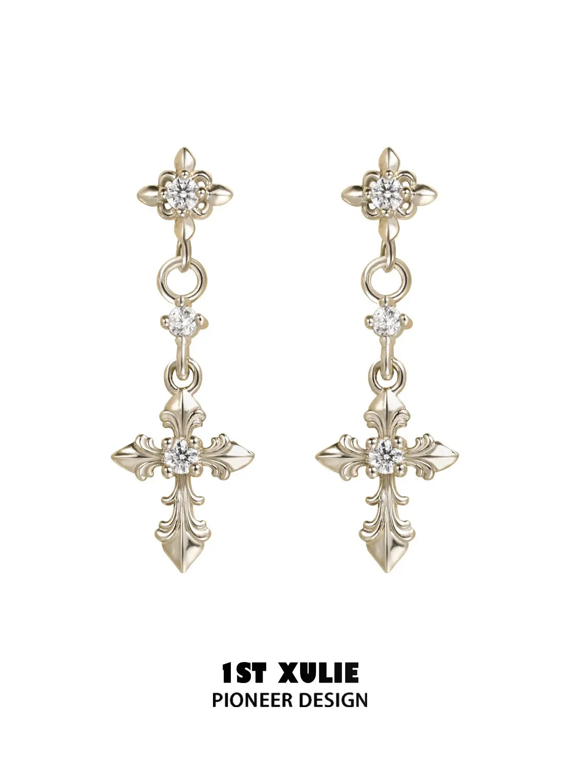 1ST XULIE Jewelry "Bastet" Vintage Iris Drop Earrings in 18K Gold Plated - On Model Close Up