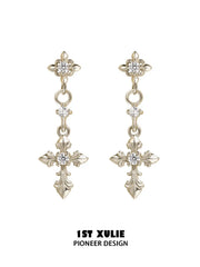 1ST XULIE Jewelry "Bastet" Vintage Iris Drop Earrings in 18K Gold Plated - On Model Close Up