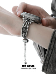 1ST XULIE "Irises" Vintage Iris Fleur-de-Lis Watch Band in Antiqued Silver Plate - Detail Shot