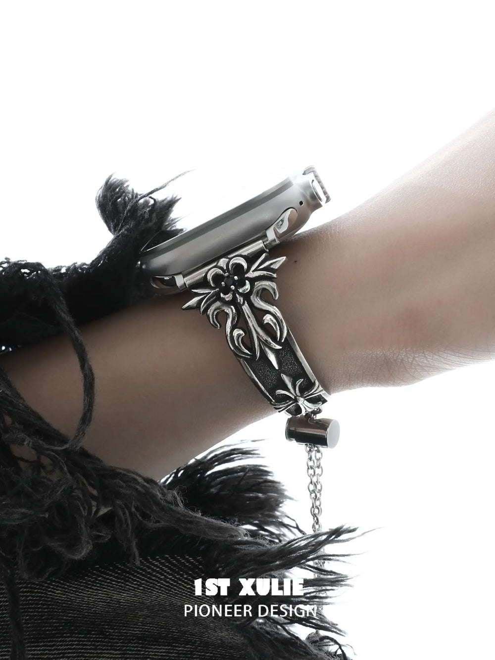 1ST XULIE "Irises" Vintage Iris Fleur-de-Lis Watch Band in Antiqued Silver Plate - Side View