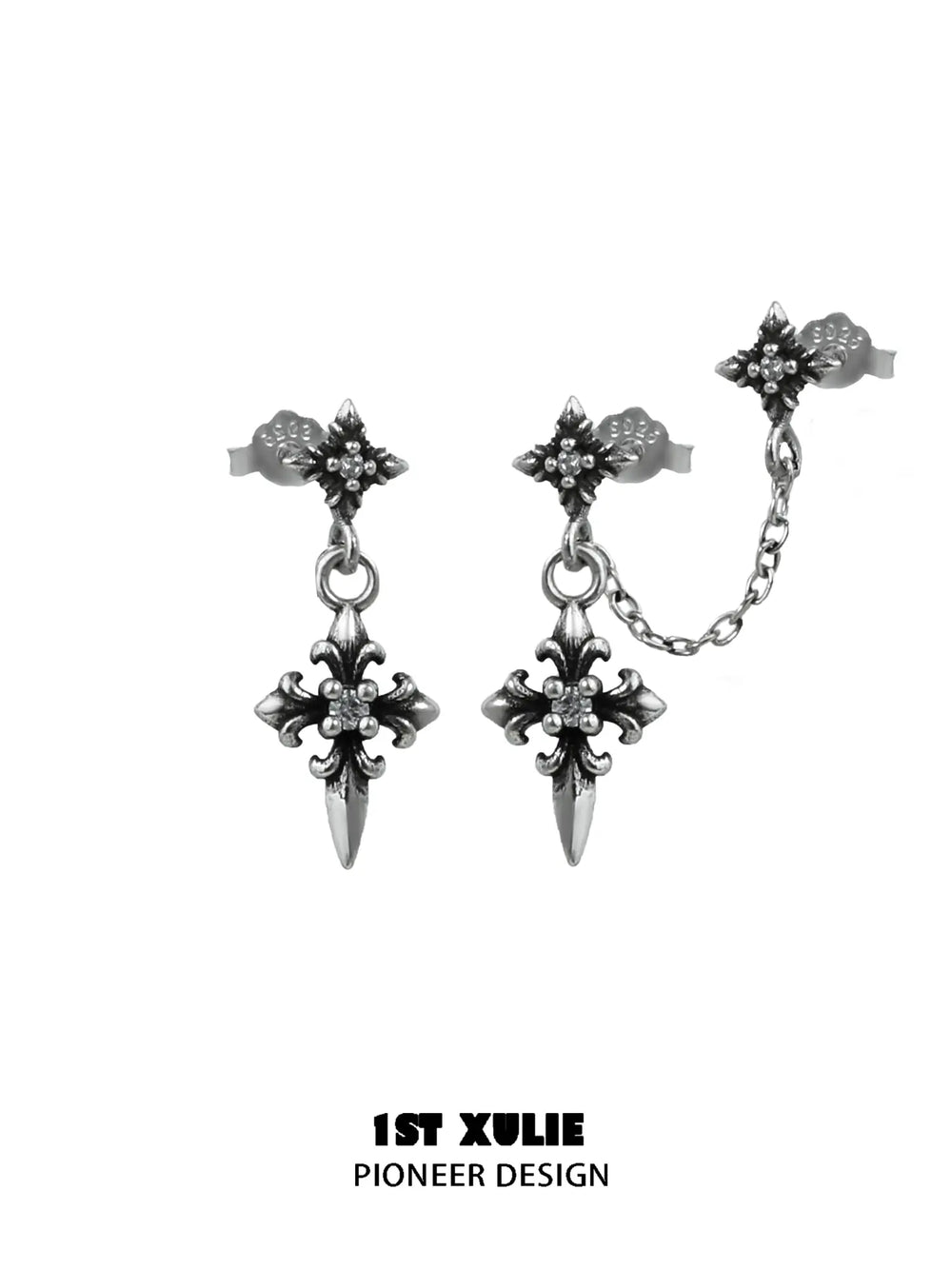 1ST XULIE Jewelry "Irises" Vintage Iris Flower Dangle Earrings in Oxidized Silver Finish - Angled View