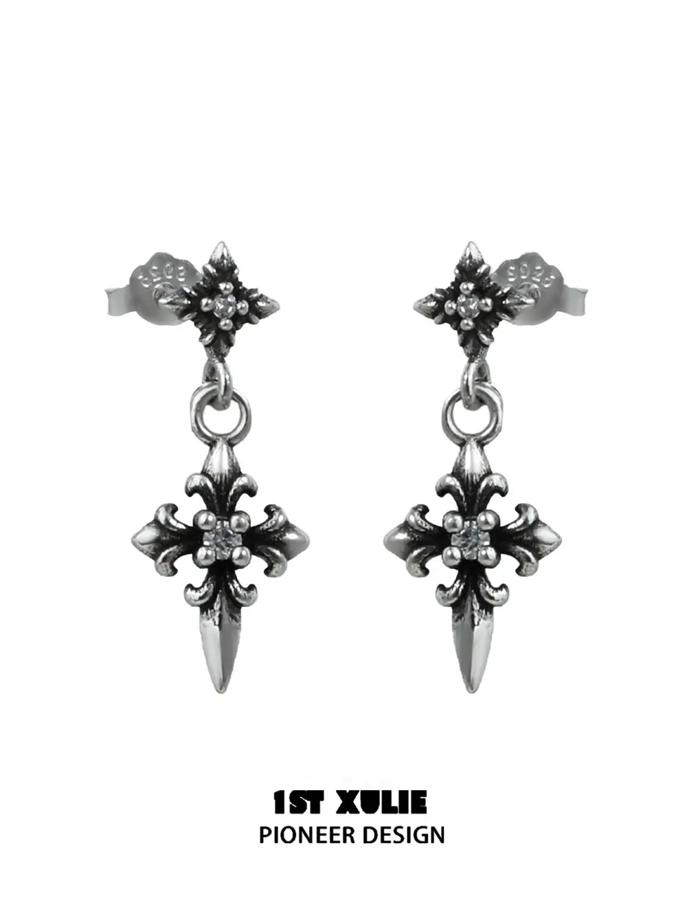 1ST XULIE Jewelry "Irises" Vintage Iris Flower Dangle Earrings in Oxidized Silver Finish - Back View