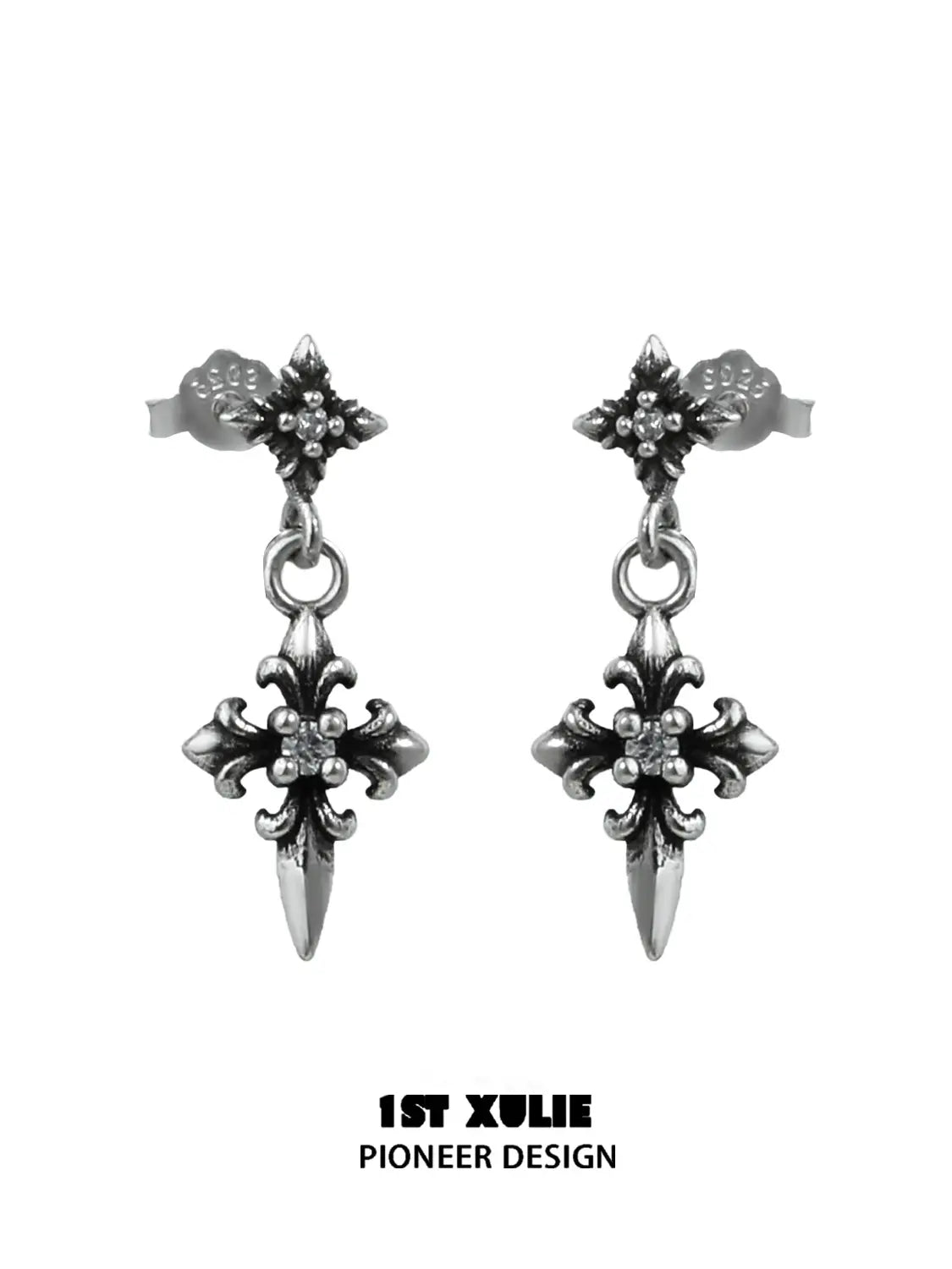 1ST XULIE Jewelry "Irises" Vintage Iris Flower Dangle Earrings in Oxidized Silver Finish - Back View