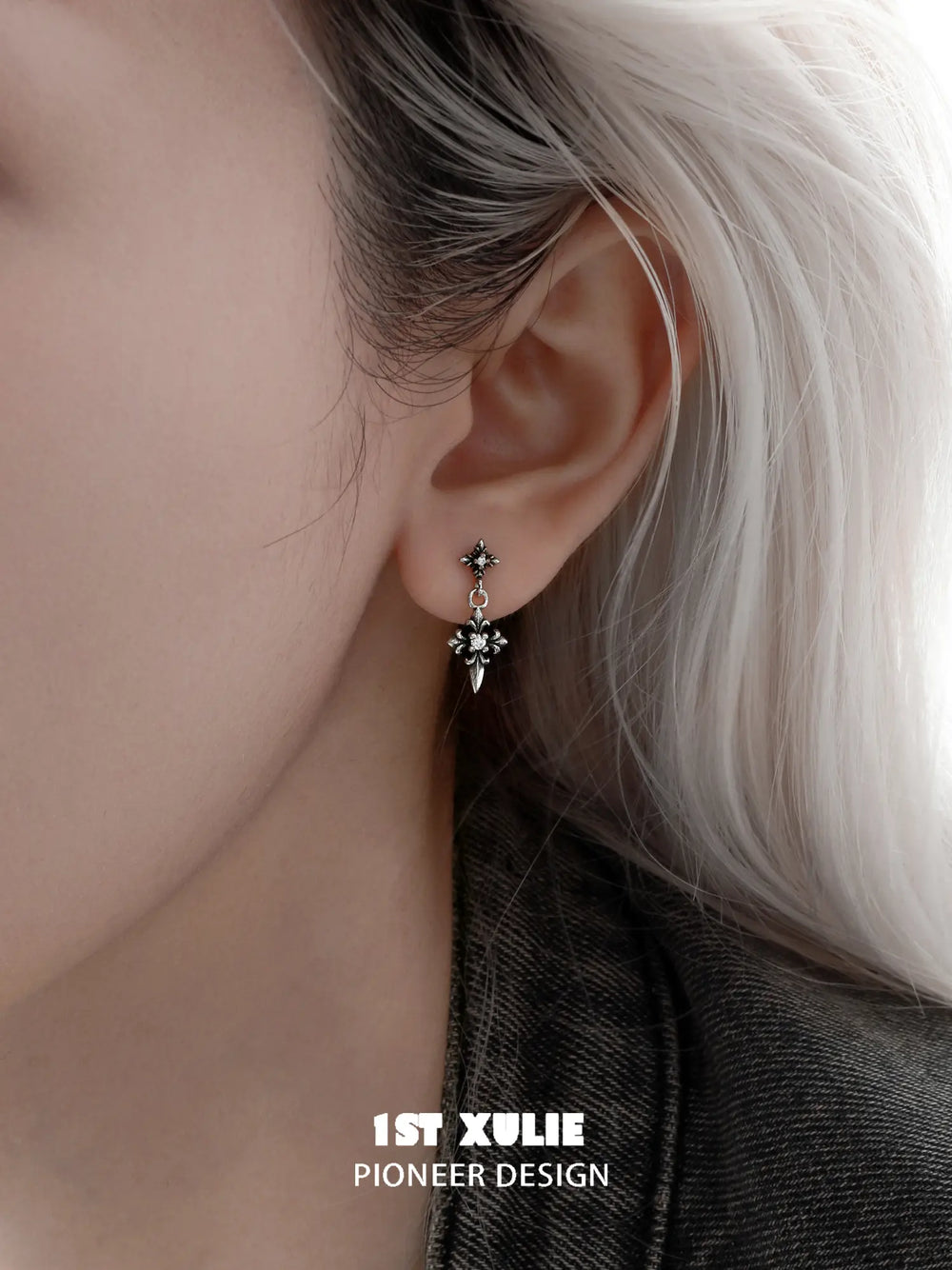 1ST XULIE Jewelry "Irises" Vintage Iris Flower Dangle Earrings in Oxidized Silver Finish - Lifestyle Shot