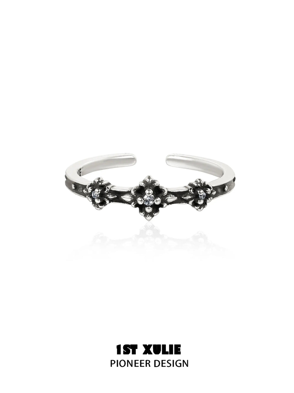 1ST XULIE "Irises" Vintage Iris Flower Ring in 925 Sterling Silver - Product View