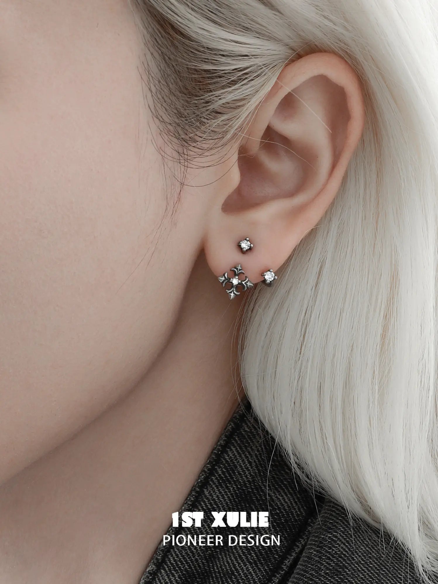 1ST XULIE Jewelry "Irises" Vintage Iris Flower Stud Earrings in Platinum Plated - Product View