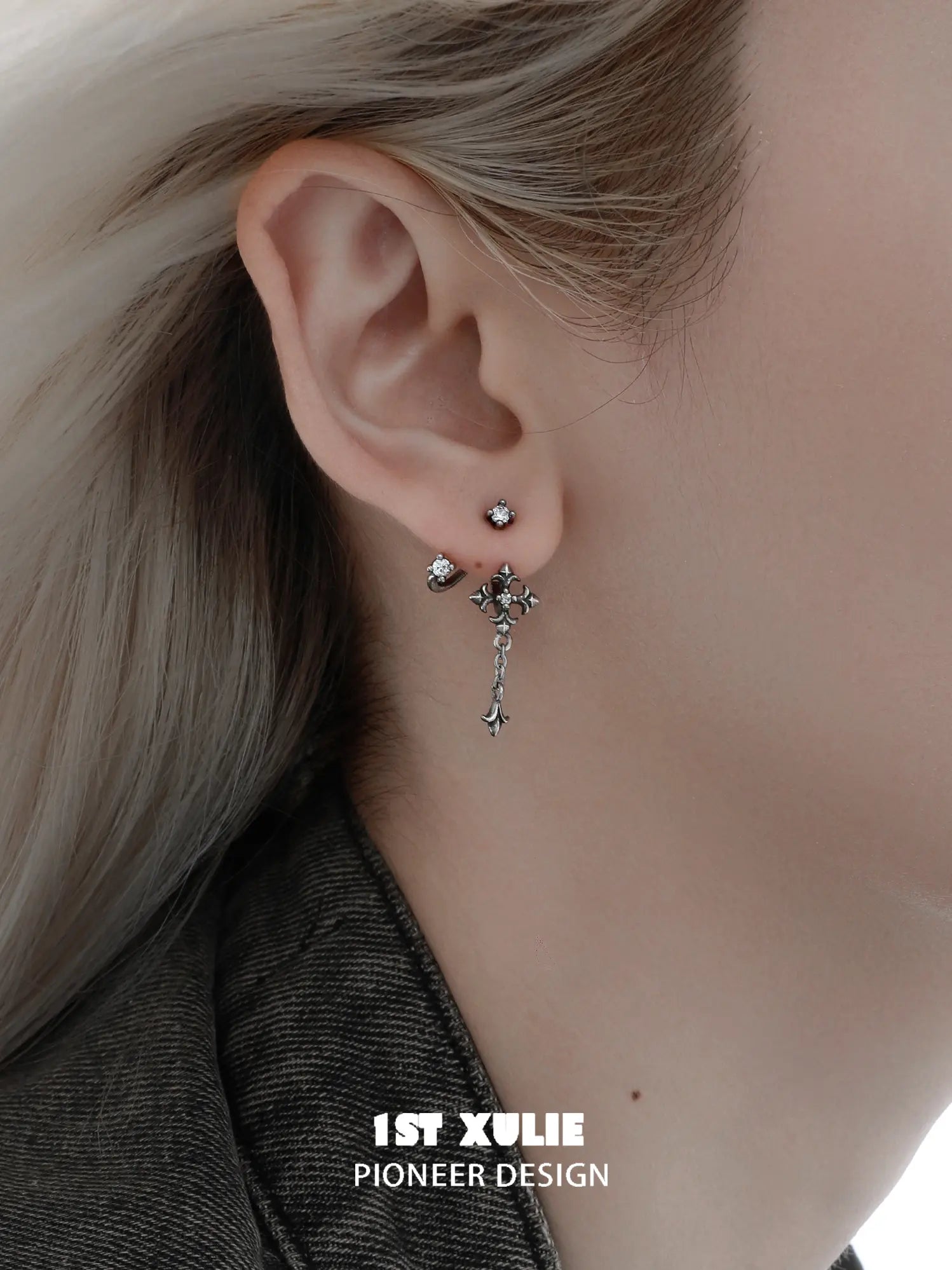 1ST XULIE Jewelry "Irises" Vintage Iris Flower Stud Earrings in Platinum Plated - On Model