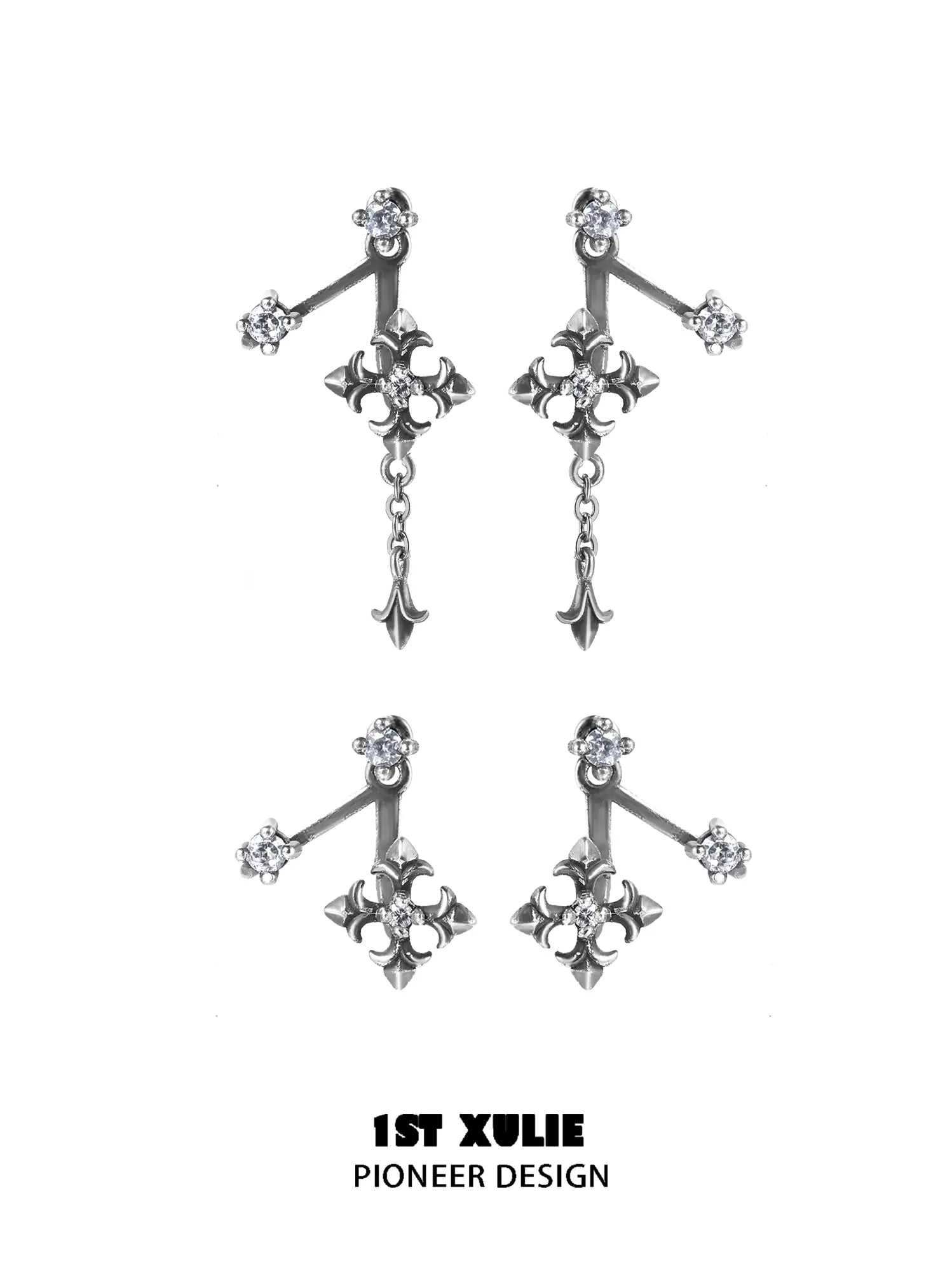 1ST XULIE Jewelry "Irises" Vintage Iris Flower Stud Earrings in Platinum Plated - On Model Close Up