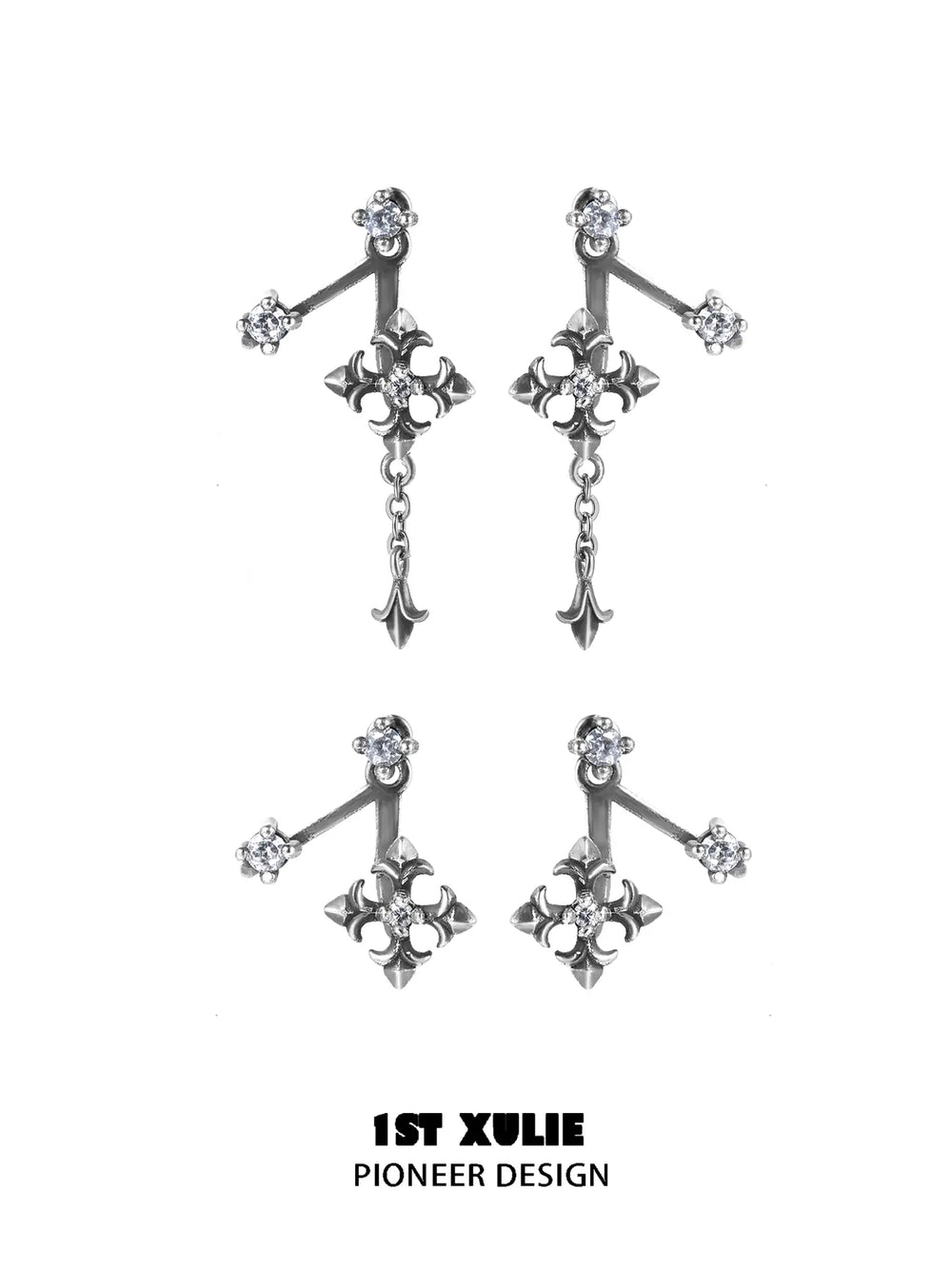 1ST XULIE Jewelry "Irises" Vintage Iris Flower Stud Earrings in Platinum Plated - On Model Close Up