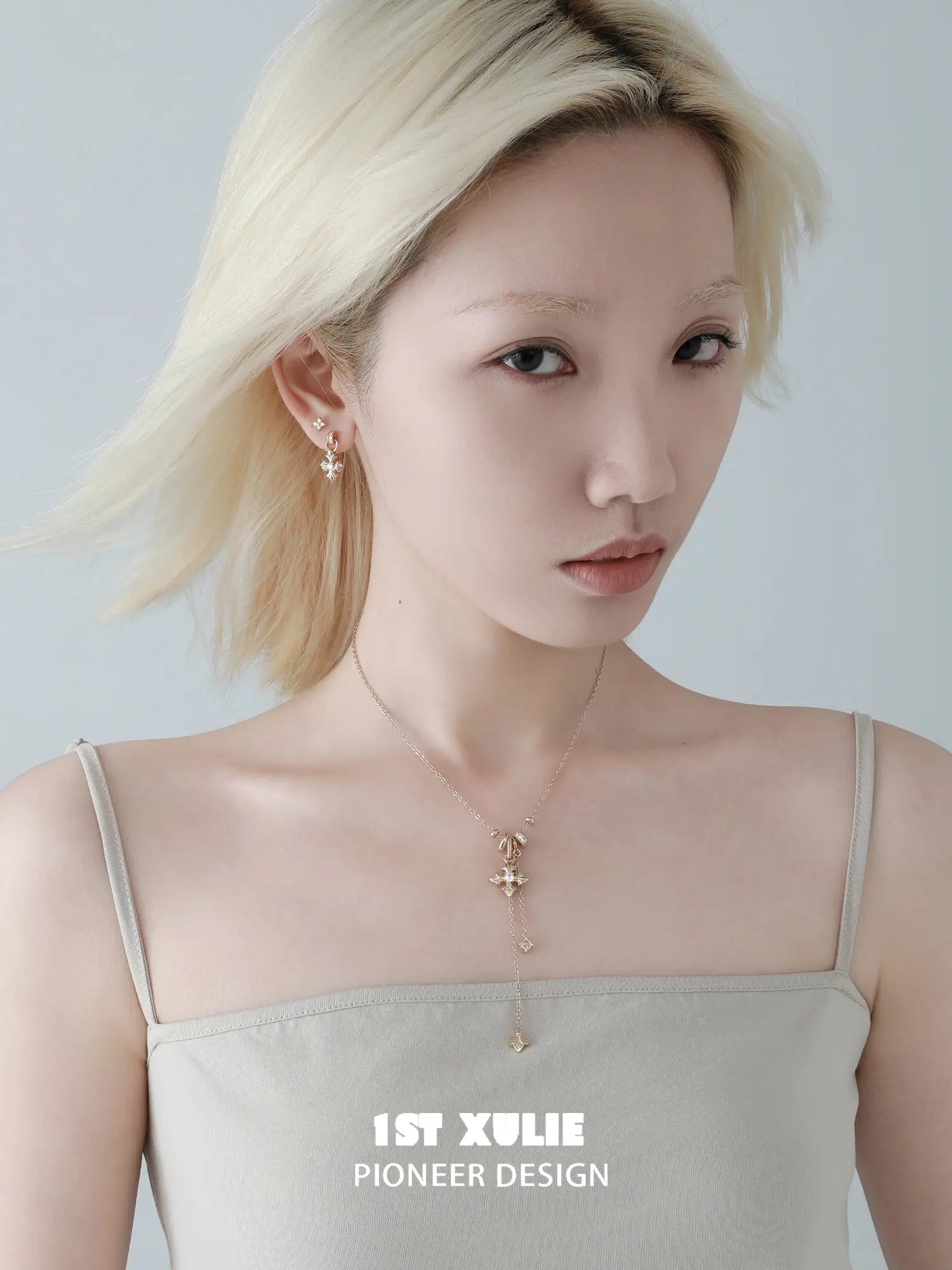 1ST XULIE Jewelry "Bastet" Vintage Iris Pendant Necklace in Rhodium Plated Brass - Angle View