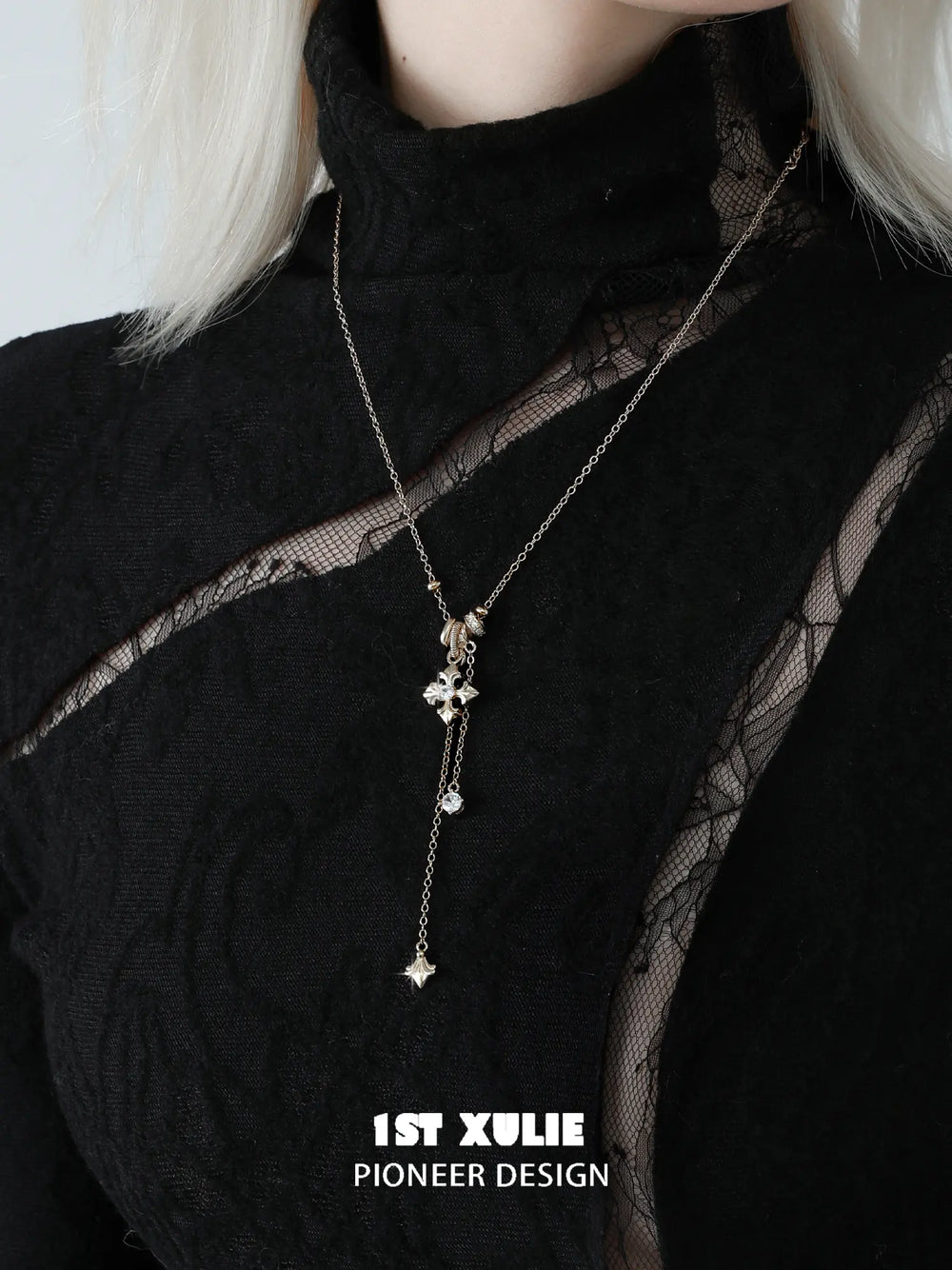 1ST XULIE Jewelry "Bastet" Vintage Iris Pendant Necklace in Rhodium Plated Brass - Lifestyle Shot