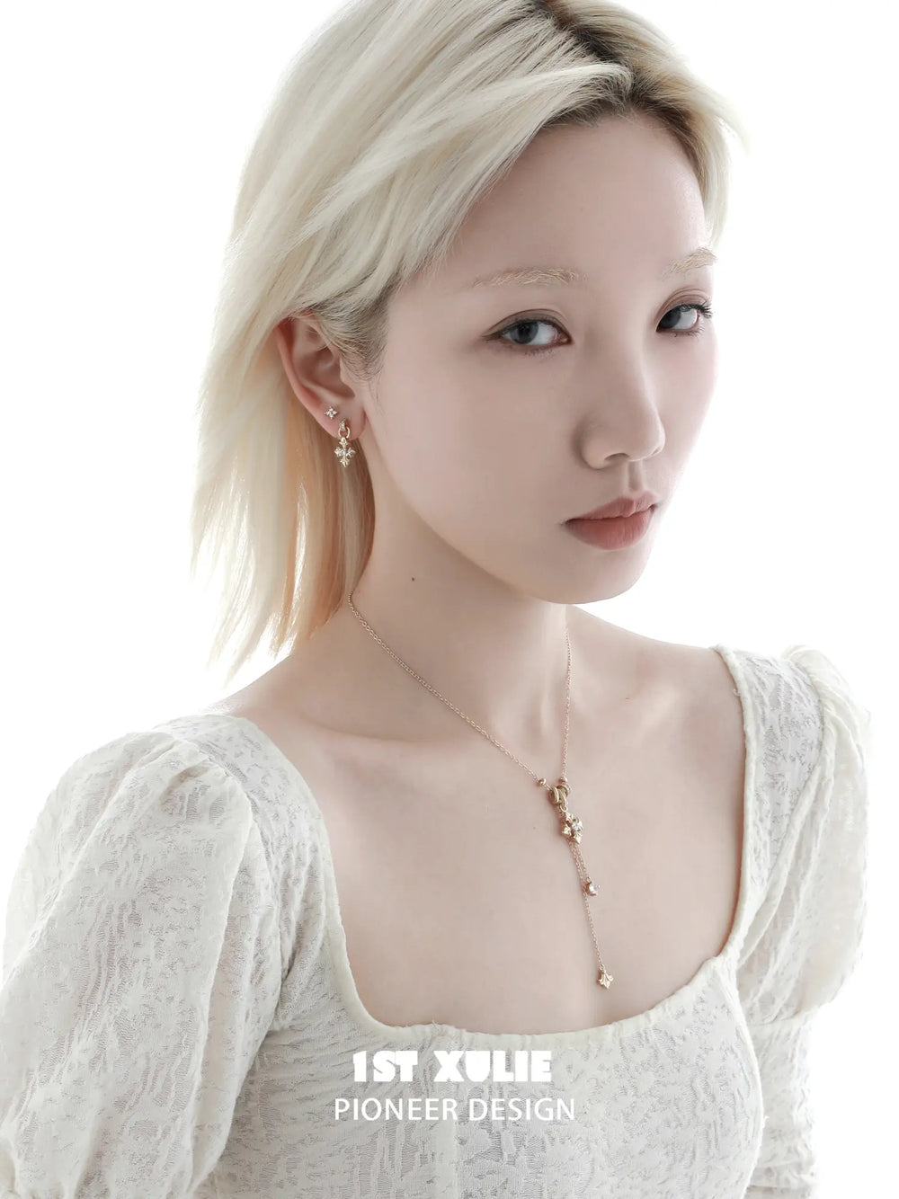 1ST XULIE Jewelry "Bastet" Vintage Iris Pendant Necklace in Rhodium Plated Brass - On Model