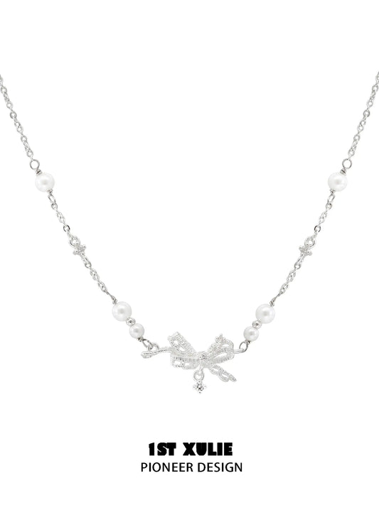 1ST XULIE Jewelry "STARLIGHT LACE" Vintage Lace Bow Pendant Necklace in 925 Sterling Silver - Lifestyle Shot