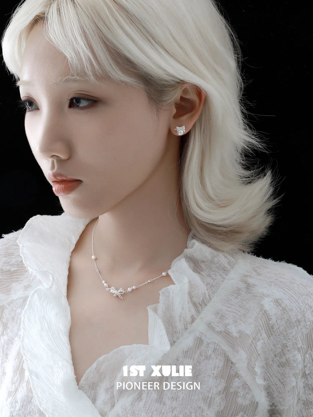 1ST XULIE Jewelry "STARLIGHT LACE" Vintage Lace Bow Pendant Necklace in 925 Sterling Silver - On Model