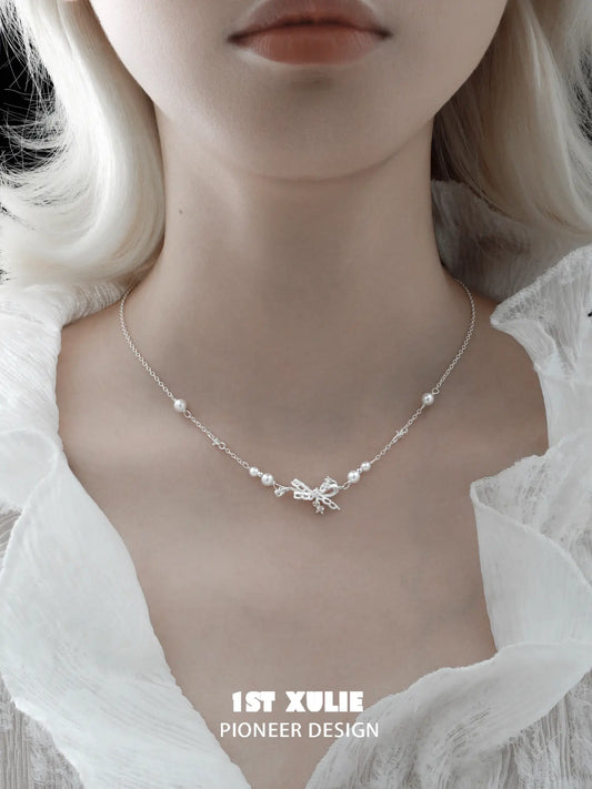 1ST XULIE Jewelry "STARLIGHT LACE" Vintage Lace Bow Pendant Necklace in 925 Sterling Silver - Side View