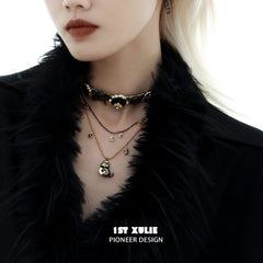 1ST XULIE "Lucky Cat" Vintage Button Choker in 18K Gold Plated Brass and Leather - Side View