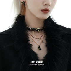 1ST XULIE "Lucky Cat" Vintage Button Choker in 18K Gold Plated Brass and Leather - Product View