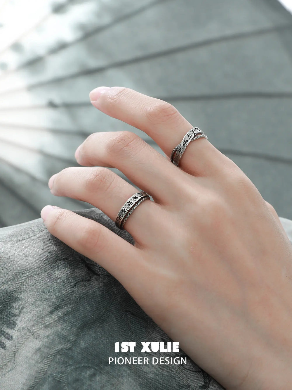 1ST XULIE Jewelry "MONOLOGUES" Vintage Monologue Engraved Ring in 925 Sterling Silver - On Model