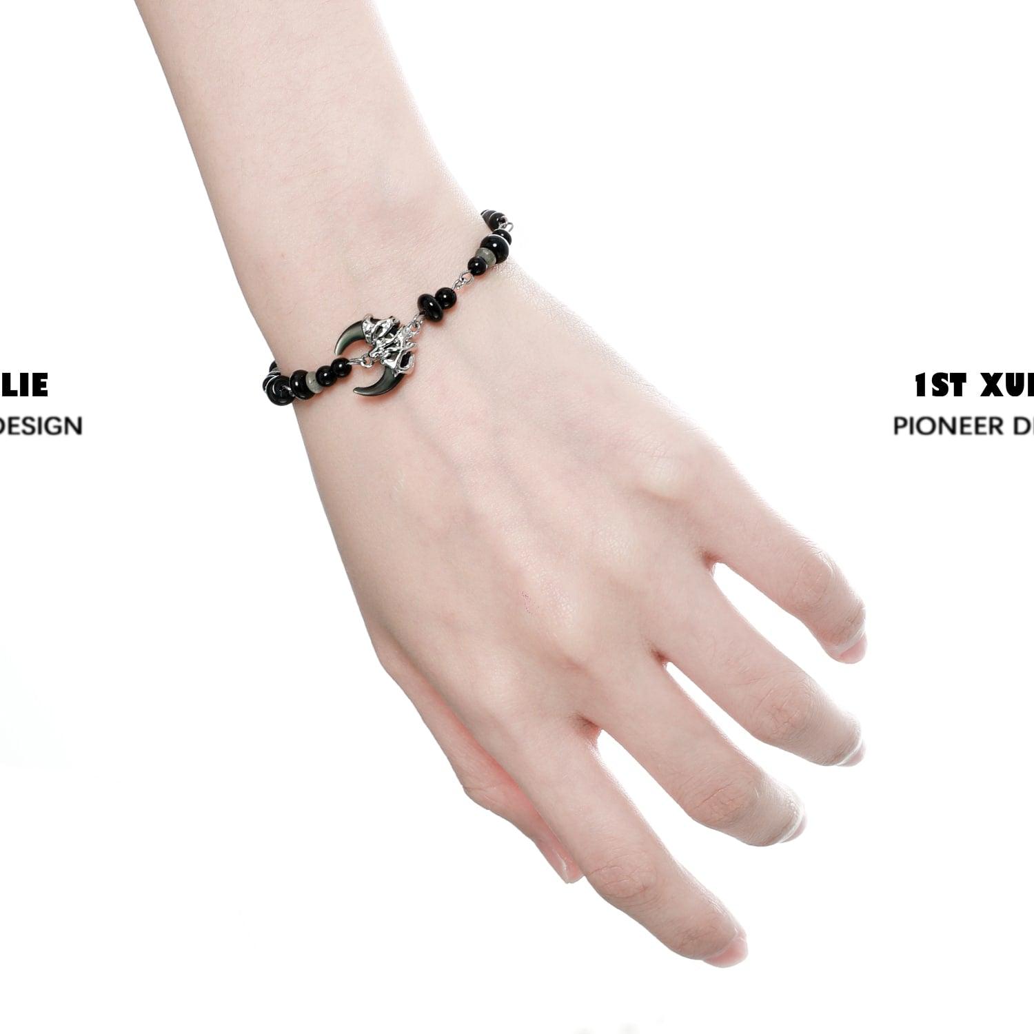 1ST XULIE "MYTH OF THE MOON" Vintage Moon Agate Bead Bracelet in Platinum Plated Brass - On Model Close Up