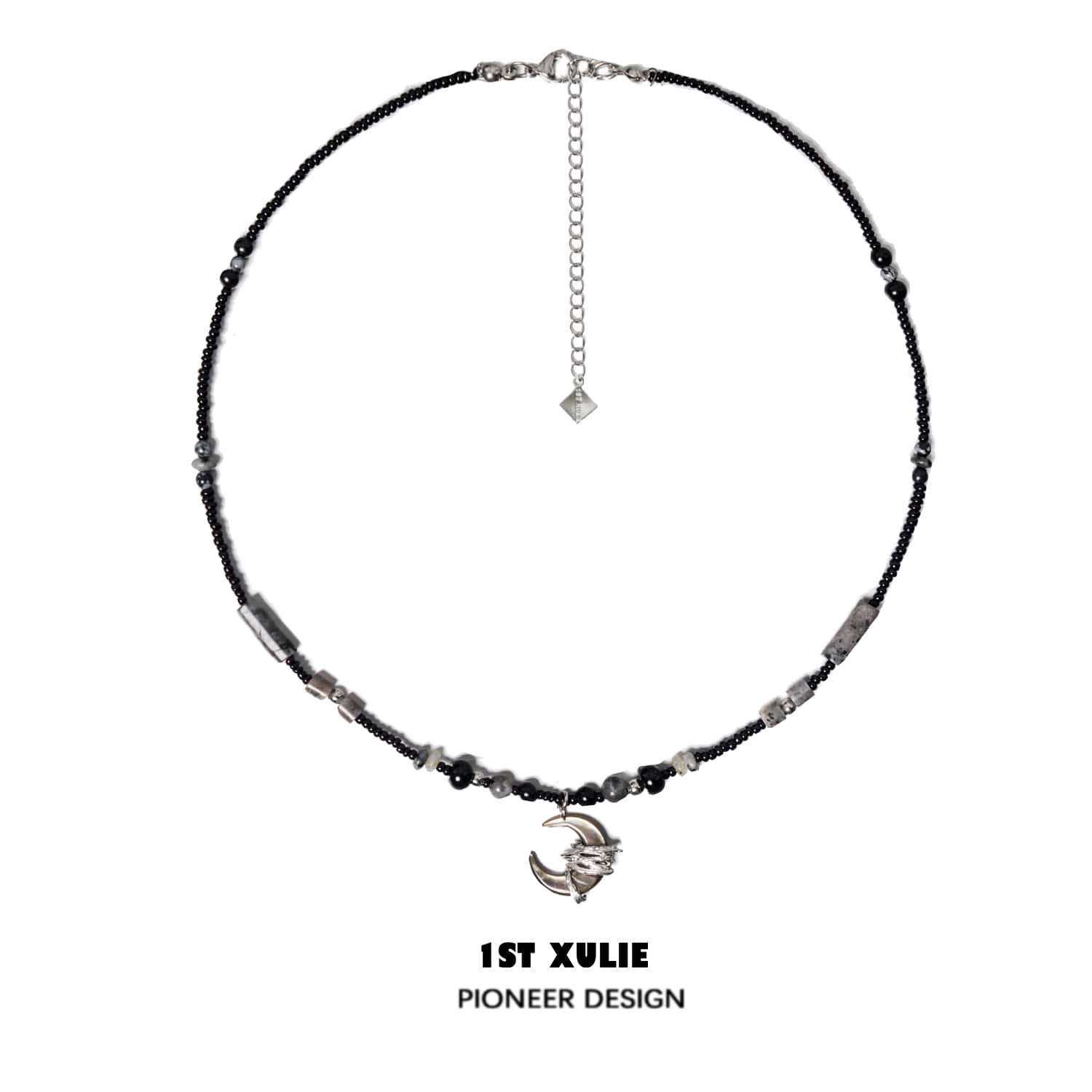 1ST XULIE "MYTH OF THE MOON" Vintage Moon & Agate Pendant Necklace in 925 Sterling Silver - On Model