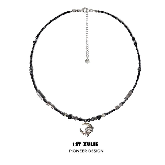 1ST XULIE "MYTH OF THE MOON" Vintage Moon & Agate Pendant Necklace in 925 Sterling Silver - On Model