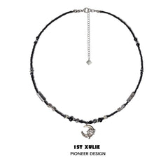 1ST XULIE "MYTH OF THE MOON" Vintage Moon & Agate Pendant Necklace in 925 Sterling Silver - On Model