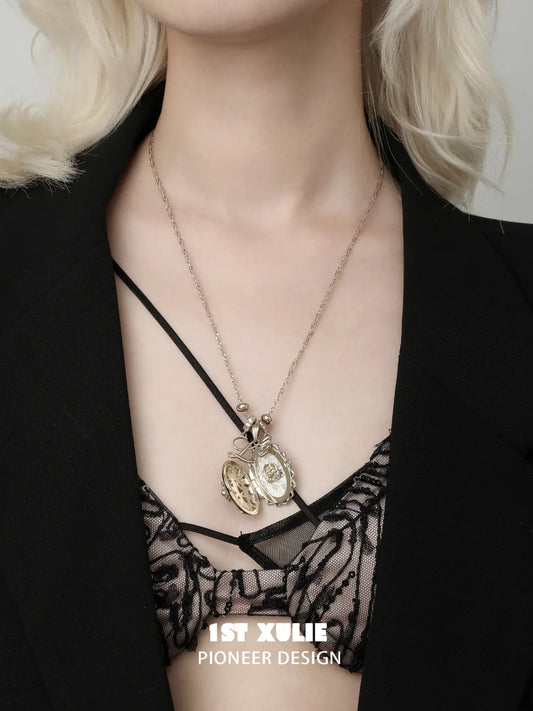 1ST XULIE Jewelry "Lace Rose" Vintage Oval Locket Pendant Necklace in 18K Gold Plated - Product View