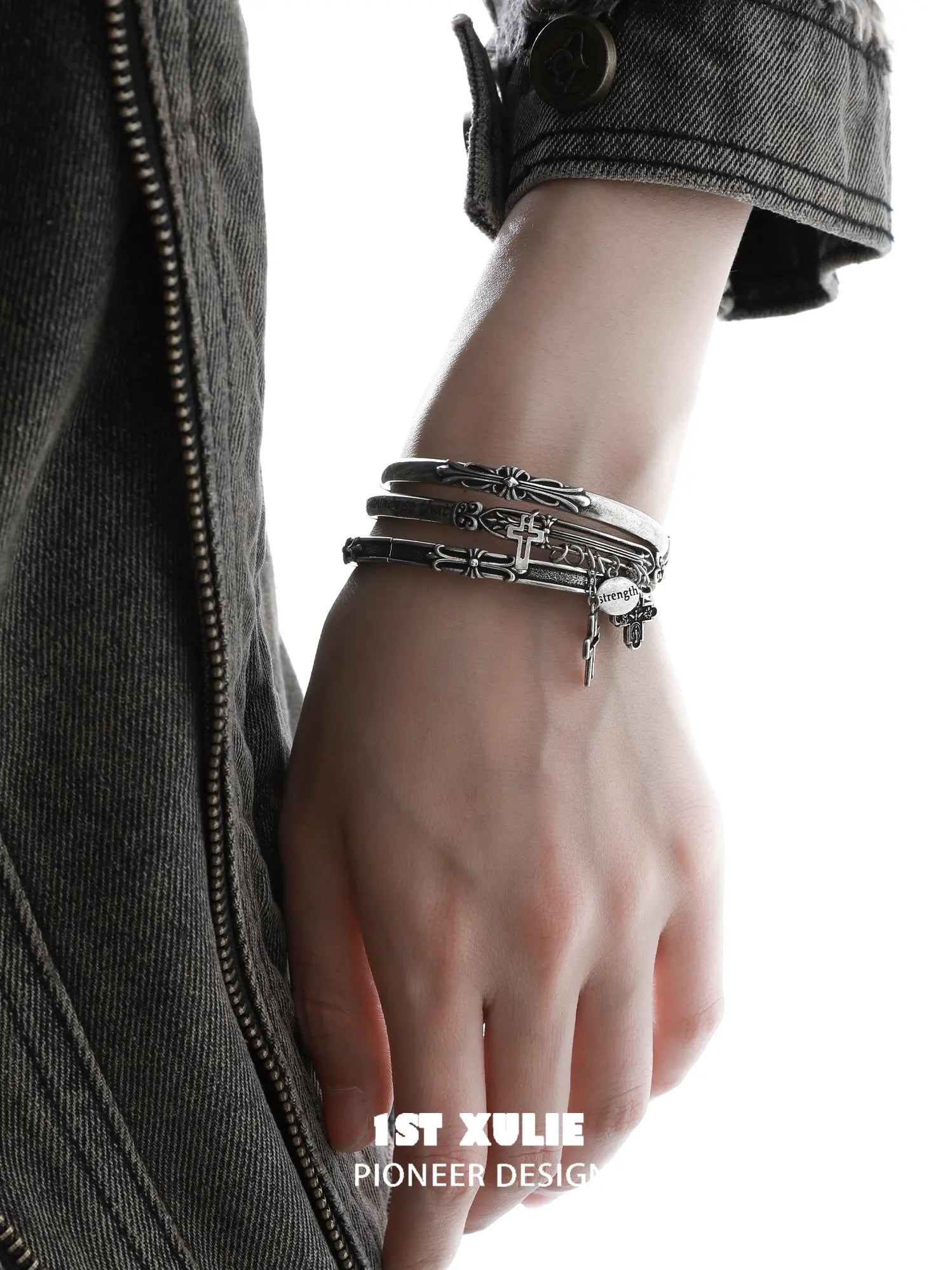 1ST XULIE Jewelry "Irises" Vintage Oxidized Cross Cuff Bangle in Rhodium Plated - Detail Shot