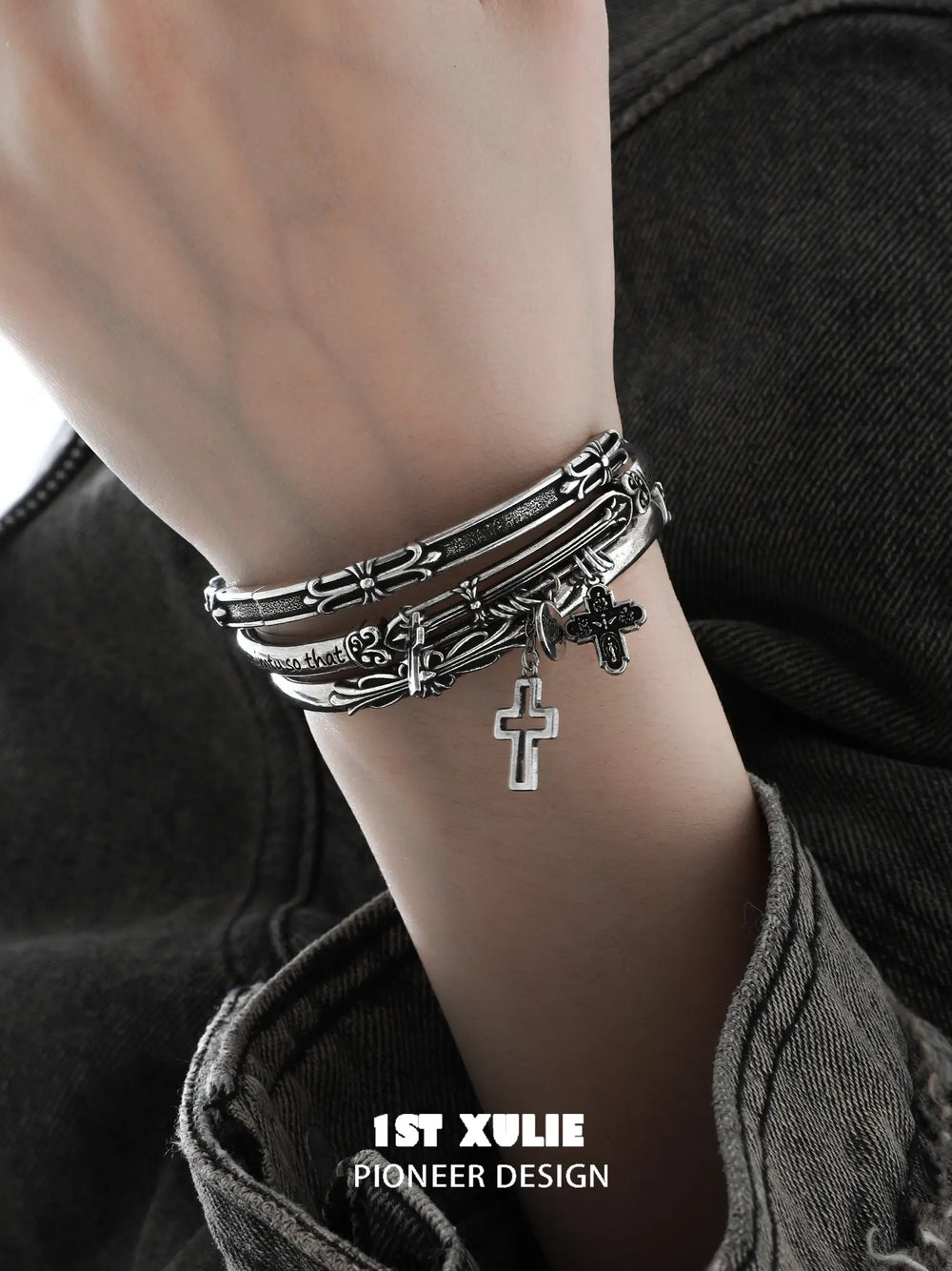 1ST XULIE Jewelry "Irises" Vintage Oxidized Cross Cuff Bangle in Rhodium Plated - Lifestyle Shot
