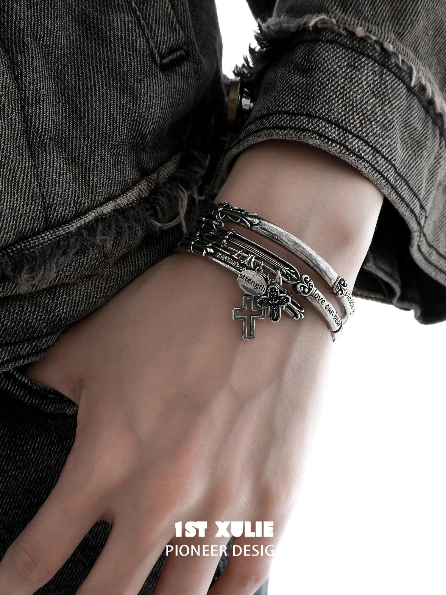 1ST XULIE Jewelry "Irises" Vintage Oxidized Cross Cuff Bangle in Rhodium Plated - Product View