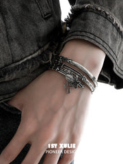 1ST XULIE Jewelry "Irises" Vintage Oxidized Cross Cuff Bangle in Rhodium Plated - Product View