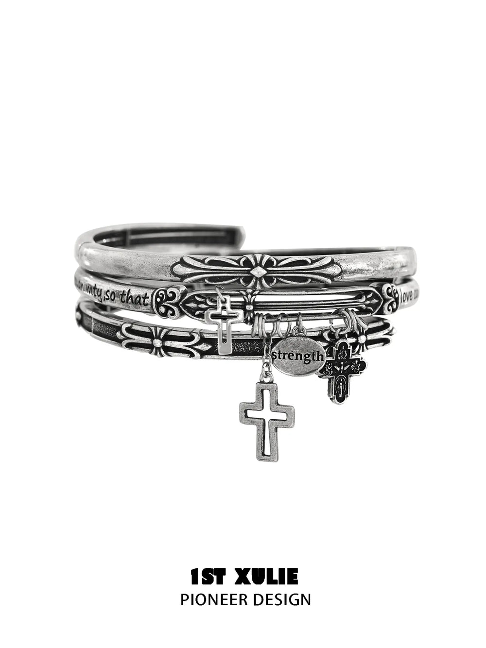 1ST XULIE Jewelry "Irises" Vintage Oxidized Cross Cuff Bangle in Rhodium Plated - Packaging View