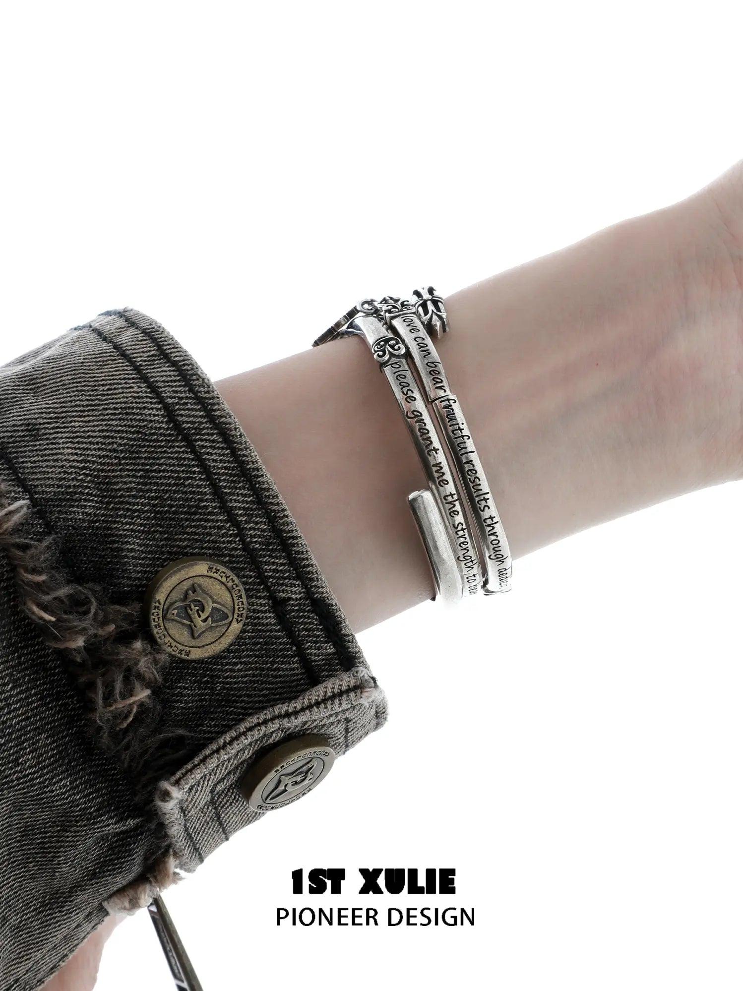 1ST XULIE Jewelry "Irises" Vintage Oxidized Cross Cuff Bangle in Rhodium Plated - Side View